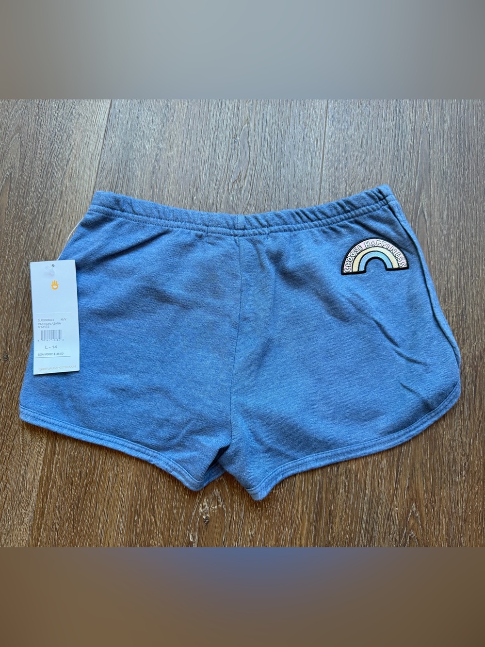 NWT Spiritual Gangster Blue Fleece Girls Shorts Rainbow Patch Sz 12/14
